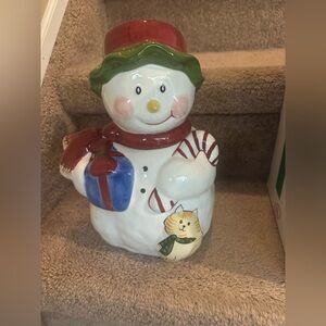 Macy’s The Cellar Festive Snowman Cookie Jar with Red and Green Accents NIB
